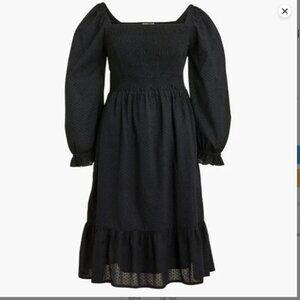 J Crew Black Smocked clip-dot puff-sleeve ruffle dress (1523)